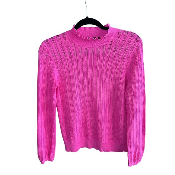 J. Crew Pointelle Ruffle Mock Neck Raspberry Pink Cotton Sweater Size Small - Picture 1 of 8